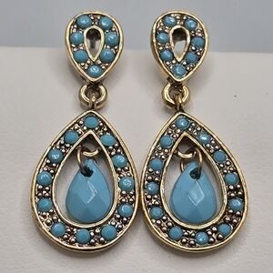 Monet Faux Turquoise Drop Earrings Gold Tone Teardrop Small Cute Beach
